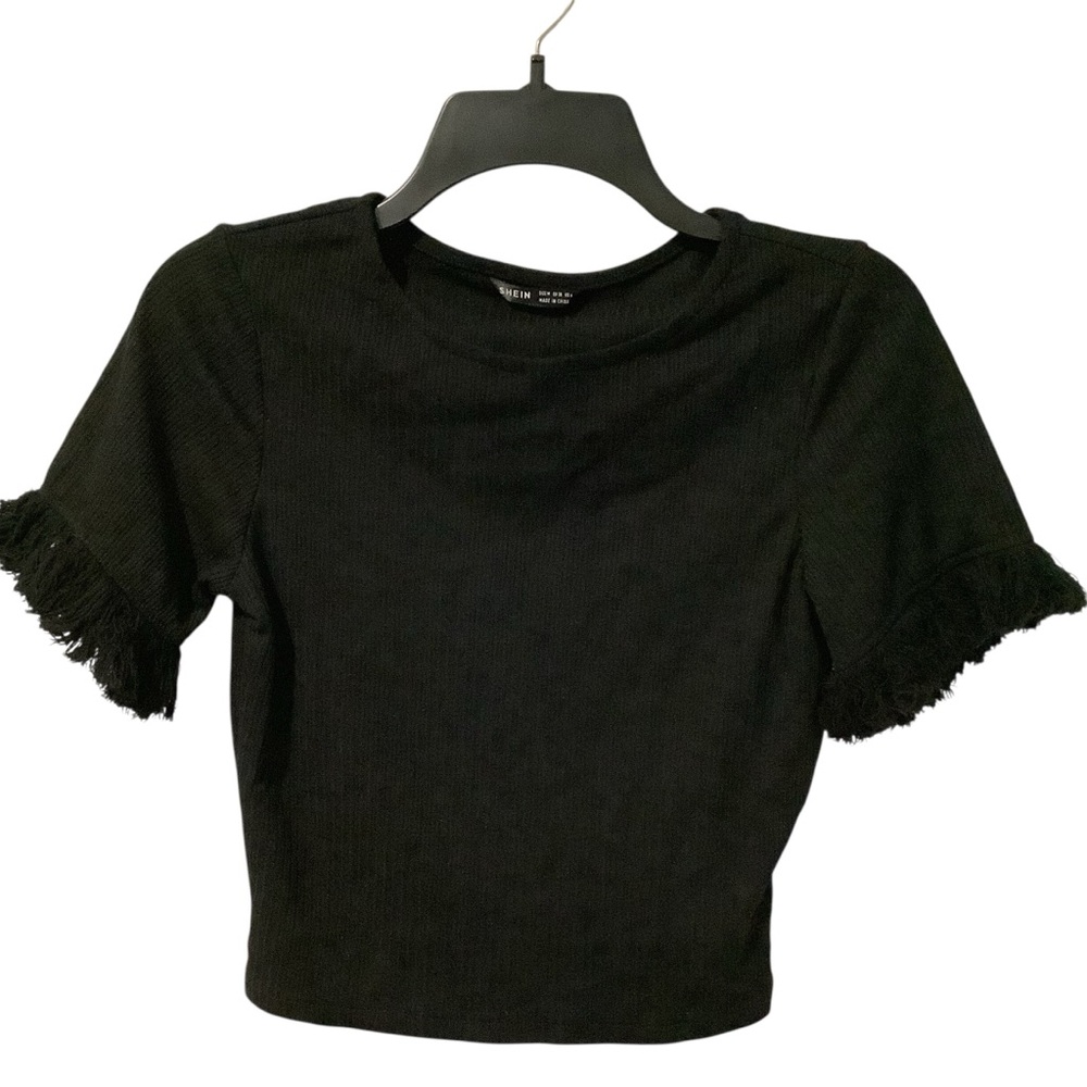 SHEIN Black Ribbed Waist Top with Fringed Sleeves BRAND NEW NEVER WORN